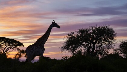 graceful giraffe silhouette dining on savannah treetops at vibrant sunset