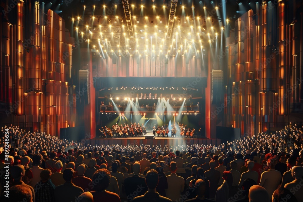 Poster a crowd of individuals gathered on a stage, possibly during a live performance or music event at a c