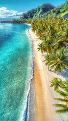 Aerial View of Pristine Beach with Crystal Clear Water and Lush Palm Trees. Tropical Beach, luxury travel concept