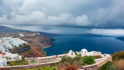 santorini island greece rainy clouds over the island beautiful sea view