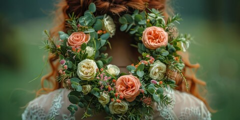 Bride with floral wreath of roses and greenery on red hair. Close-up portrait with shallow depth of field. Romantic wedding and natural beauty concept. Design for wedding invitation and greeting card.