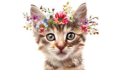 Colorful Kitten with Flowers on its head isolated on a transparent background