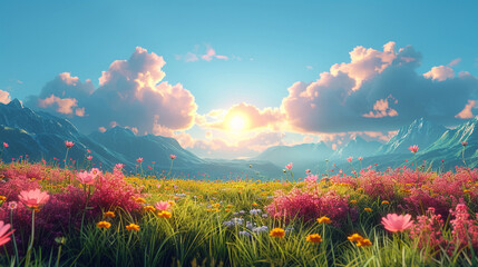 beautiful meadow with pink flowers early morning spring time 