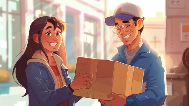 Humorous artwork: courier presenting package to recipient, cartoon depiction.