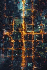 Night aerial view of a smart city's transportation grid, lit by dynamic, adaptive streetlights.