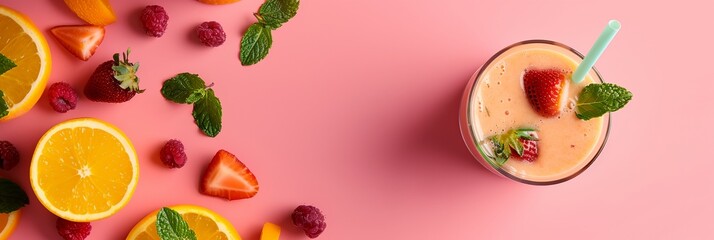 a smoothie with strawberries and oranges on a pink background with mint leaves