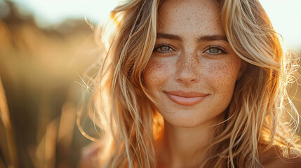 Fototapeta premium portrait of a blond young woman smiling, mental health awareness
