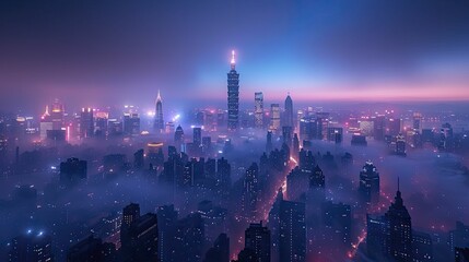 Fototapeta premium Panoramic night shot of a bustling smart city district from a high vantage point.