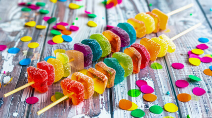 Gummy candy kabobs on a rustic wooden table sprinkled with bright confetti, perfect for festive occasions, culinary blogs and party organizer sites