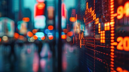 Futuristic Digital Cityscape with Neon Lights and Financial Data Overlay