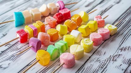 Assorted marshmallow kabobs on a rustic wooden table sprinkled with bright confetti, perfect for festive occasions, culinary blogs and party organizer sites