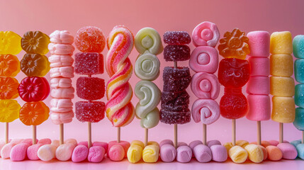 Variety of candy kabobs on a pink background. Ideal for vibrant and playful dessert presentations, culinary blogs and children party organizer sites.