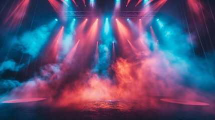 A stage with red, blue and purple lights and smoke