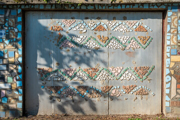 Urban Elegance. Garage Mosaic Door Ornament Under Sunlit Tree Shadows.