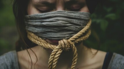 a woman with a rope tied around her face