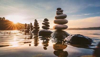 a row of rocks stacked on top of each other in the water