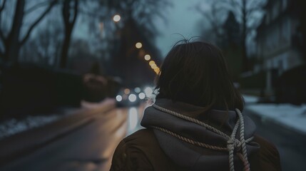 Fototapeta premium a woman walking down a street at night