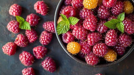   A bowl of raspberries sits next to a bunch of raspberries on a table