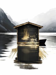 A boat with golden and black painting floats on the water, propelled by paddles or a motor