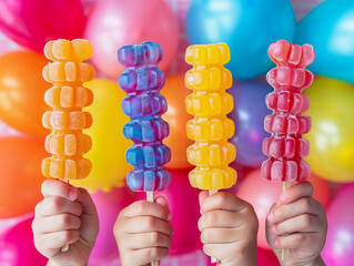 Hands holding up colorful gummy candy kabobs, bright balloon festive background. Perfect for children party organizer sites, parties and family events.