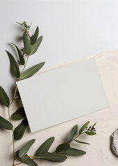 Realistic blank paper sheet on the table with plants.  Design template or mockup. Vector illustration.