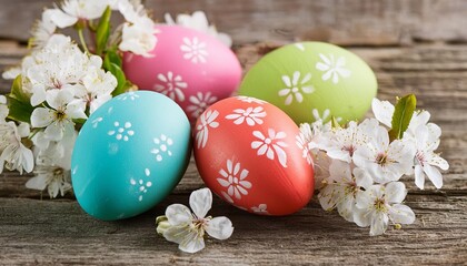colorful easter eggs with spring blossom flowers