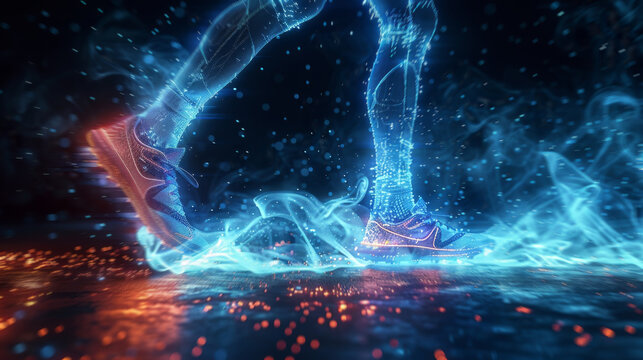 A persons feet submerged in water with vibrant lights shining on them.