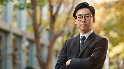 a man in a suit and tie standing in front of a tree with his arms crossed