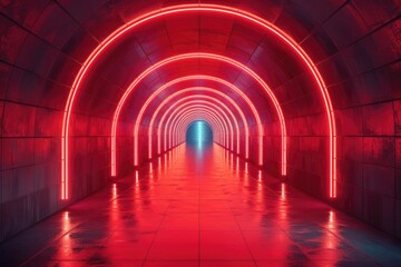 An empty underground red room like tunnel with bare walls and lighting metro