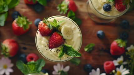 a couple of glasses filled with fruit and a drink on a table