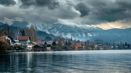 Fototapeta premium a lake with houses and mountains in the background