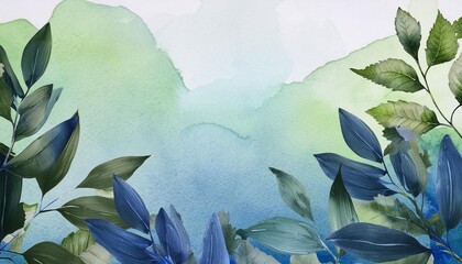 watercolor leaves border frame left side background blue green teal turquoise blend - Powered by Adobe