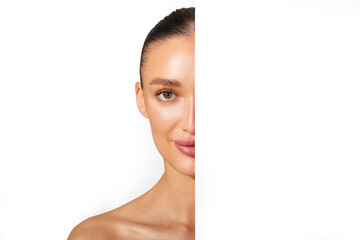 Beauty and skincare concept. Beautiful European woman with nude makeup, half face with blank white...