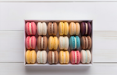 colorful macarons in white box on white wooden table top view