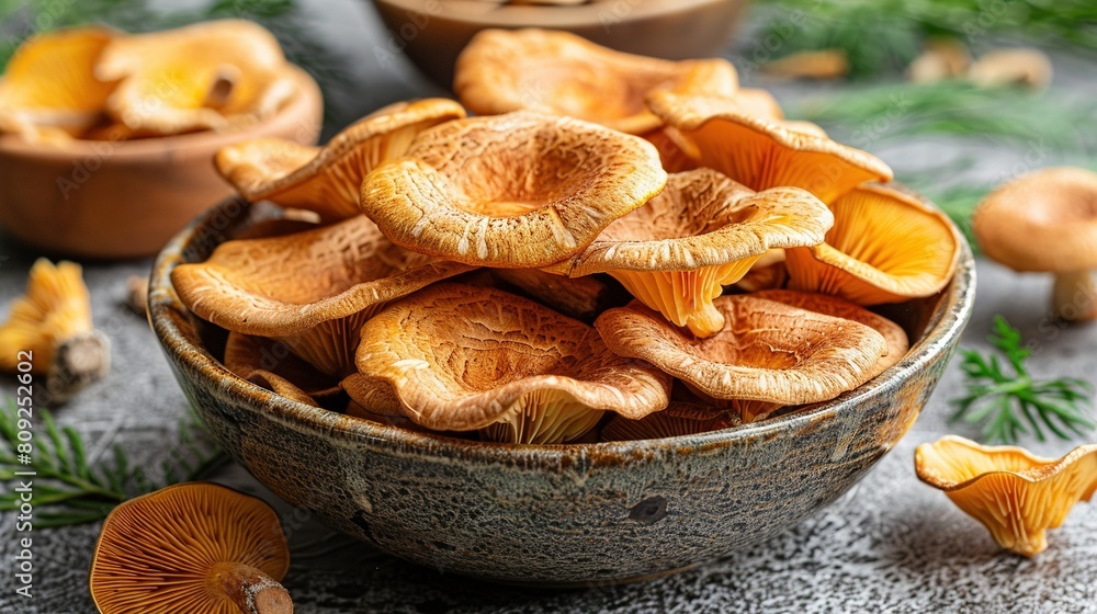 Poster   A table with multiple bowls of mushrooms and one full of them