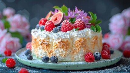   A close-up photo of a cake on a plate adorned with raspberries and blueberries