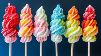 Marshmallow swirl kabobs on blue background. Good for culinary blogs and to children party organizer sites, parties and family events