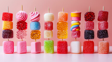 Candy kabobs on a pink background. Ideal for vibrant and playful dessert presentations, culinary blogs and children party organizer sites.