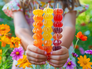 Girl holding vibrant gummy candy kabobs in hands , summer flowers on background. Ideel for children party organizer sites and festive family events