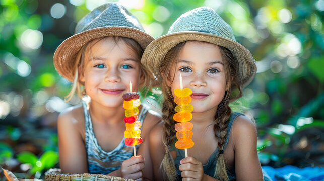 Two young girls with straw hats in the garden smiling and holding colorful gummy candy kabobs. Good for children party organizer sites and family events.