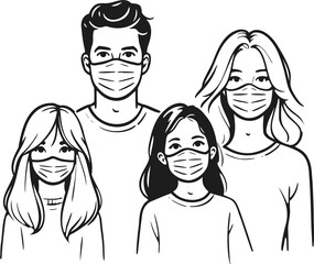 family wearing masks Group of people wearing medical masks to prevent disease Air pollution contaminates the earth, vector illustration in flat style.