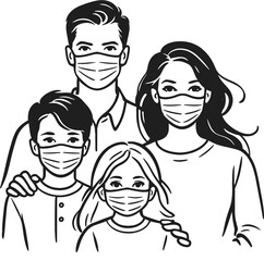 family wearing masks Group of people wearing medical masks to prevent disease Air pollution contaminates the earth, vector illustration in flat style.