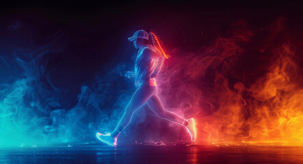 A silhouette of a person jogging illuminated by vibrant neon lights with a striking fiery backdrop.