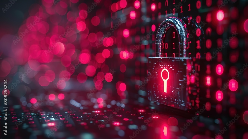 Wall mural cyber security concept. digital padlock on abstract cyber security with binary code