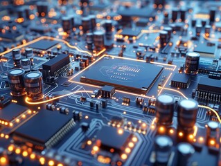 A close up of a computer chip with a lot of glowing parts. Concept of complexity and sophistication, as well as the intricate nature of modern technology