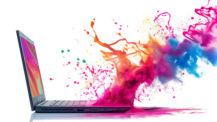 Colorful Paint Splashes Laptop for Financial Analysis isolated on a transparent background