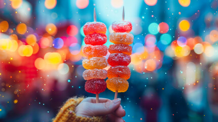 A hand holding a colorful gummy candy kabobs against a vibrant backdrop of festive bokeh lights. Good for culinary and travel blogs .