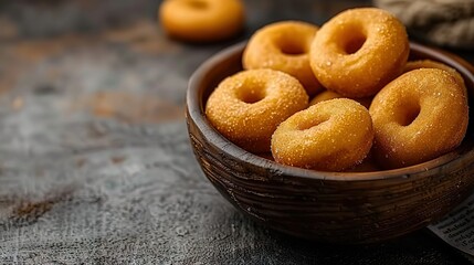   A wooden bowl brimming with donuts perched atop a table adjacent to a mound of napkins