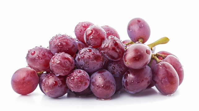 A cluster of ripe red grapes with dew, isolated on a white background 