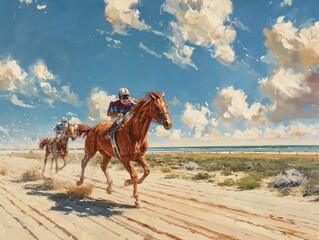 A painting of two horses racing on a dirt track with a man in a blue shirt riding one of them